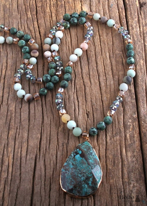 Boho Necklace, RH India Agated Green Oval Natural Stone